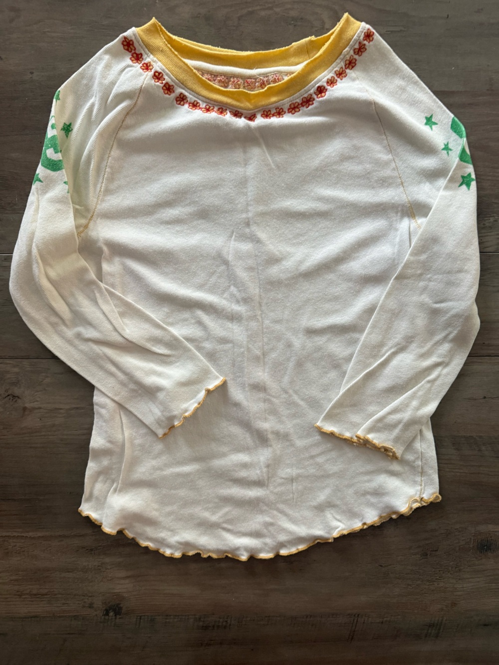 Free People White Long Sleeve Top with Yellow Trim and Green Stars